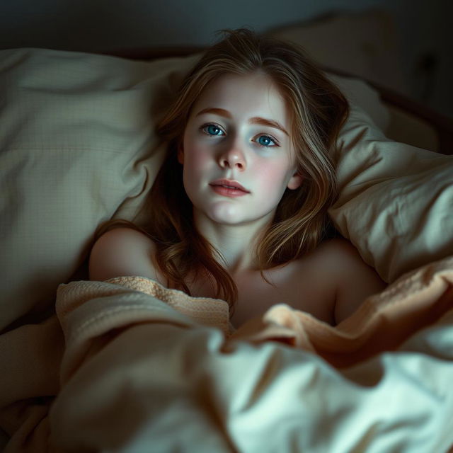 A pale, innocent-looking 25-year-old girl lying in bed, partially covered with blankets