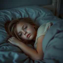 A pale, innocent-looking 25-year-old girl lying in bed, partially covered with blankets