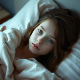 A pale, innocent-looking 25-year-old girl lying in bed, partially covered with blankets