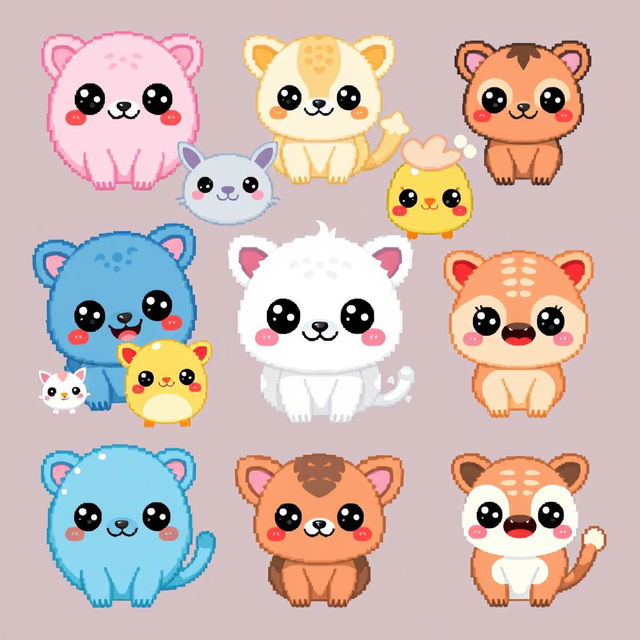 A collection of many kawaii pixelated animal drawings featuring cute and adorable animals with big eyes, rounded shapes, and vibrant colors in a pixel art style