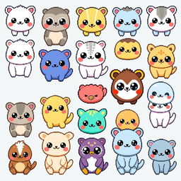 A collection of many kawaii pixelated animal drawings featuring cute and adorable animals with big eyes, rounded shapes, and vibrant colors in a pixel art style