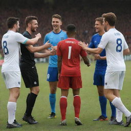 A group of football players from different teams happily interacting off the pitch, displaying sportsmanship and camaraderie.