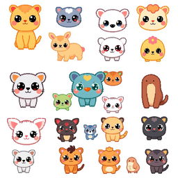 A collection of many kawaii pixelated animal drawings featuring cute and adorable animals with big eyes, rounded shapes, and vibrant colors in a pixel art style