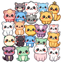 A collection of many kawaii pixelated animal drawings featuring cute and adorable animals with big eyes, rounded shapes, and vibrant colors in a pixel art style