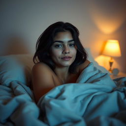 A flirtatious looking 18-year-old Latina girl lying in bed, partially covered with blankets