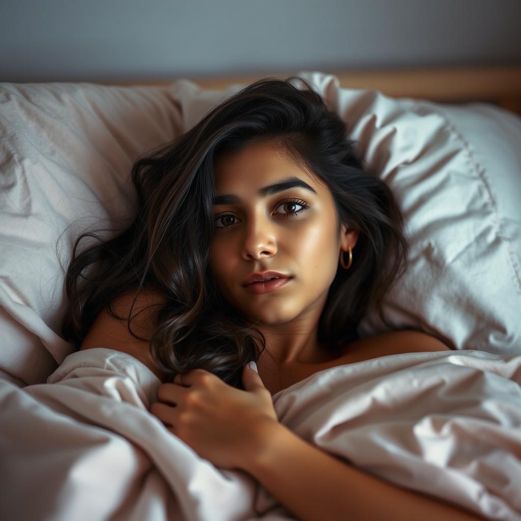 A flirtatious looking 18-year-old Latina girl lying in bed, partially covered with blankets