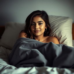 A flirtatious looking 18-year-old Latina girl lying in bed, partially covered with blankets