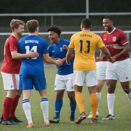 A group of football players from different teams happily interacting off the pitch, displaying sportsmanship and camaraderie.