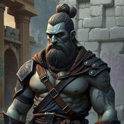 A Goliath paladin with grey skin, sporting a man bun, looking aloof and vain