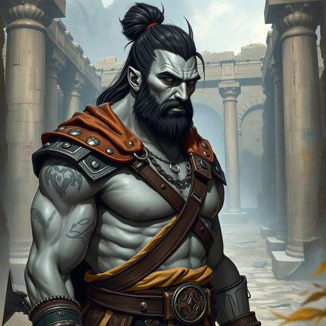 A Goliath paladin with grey skin, sporting a man bun, looking aloof and vain