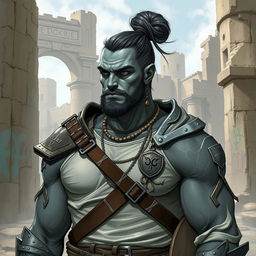 A Goliath paladin with grey skin, sporting a man bun, looking aloof and vain