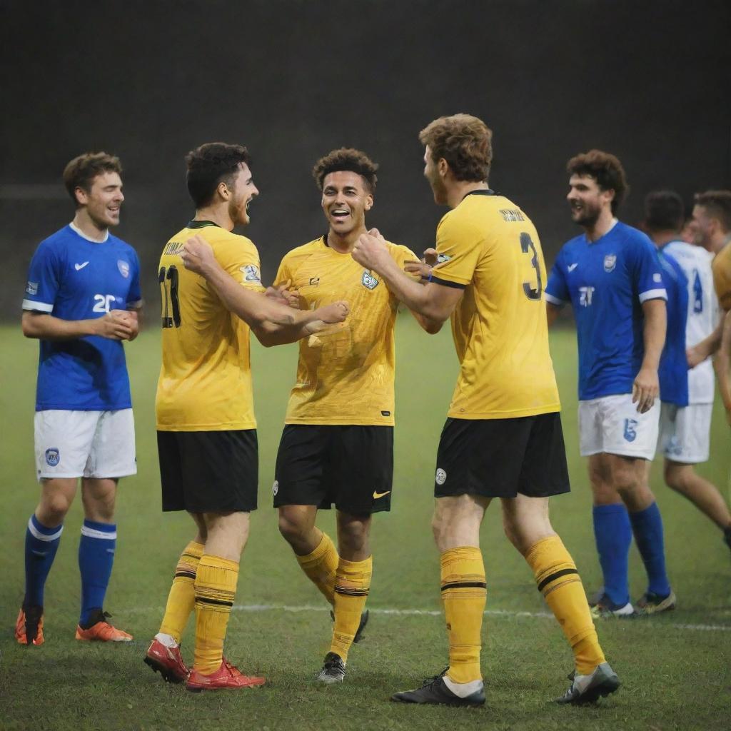 A group of football players from different teams happily interacting off the pitch, displaying sportsmanship and camaraderie.