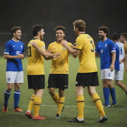 A group of football players from different teams happily interacting off the pitch, displaying sportsmanship and camaraderie.