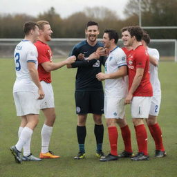 A group of football players from different teams happily interacting off the pitch, displaying sportsmanship and camaraderie.