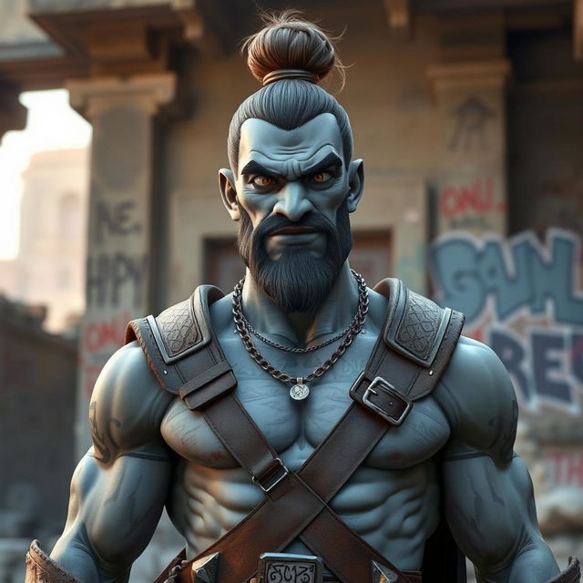 A grey-skinned Goliath paladin with a man bun, looking aloof and vain but with a silly expression