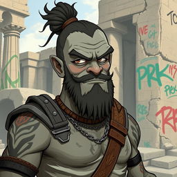 A grey-skinned Goliath paladin with a man bun, looking aloof and vain but with a silly expression