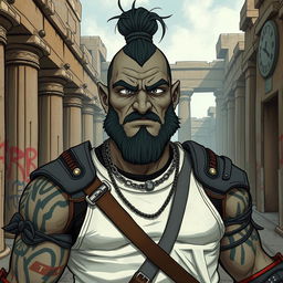 A grey-skinned Goliath paladin with a man bun, looking aloof and vain but with a silly expression