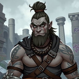 A grey-skinned Goliath paladin with a man bun, looking aloof and vain but with a silly expression