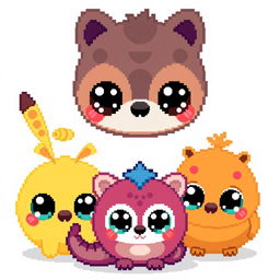 Pixelated kawaii animals featuring cute and adorable creatures with big eyes, rounded shapes, and vibrant colors in a pixel art style