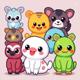 Pixelated kawaii animals featuring cute and adorable creatures with big eyes, rounded shapes, and vibrant colors in a pixel art style