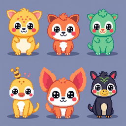 Pixelated kawaii animals featuring cute and adorable creatures with big eyes, rounded shapes, and vibrant colors in a pixel art style