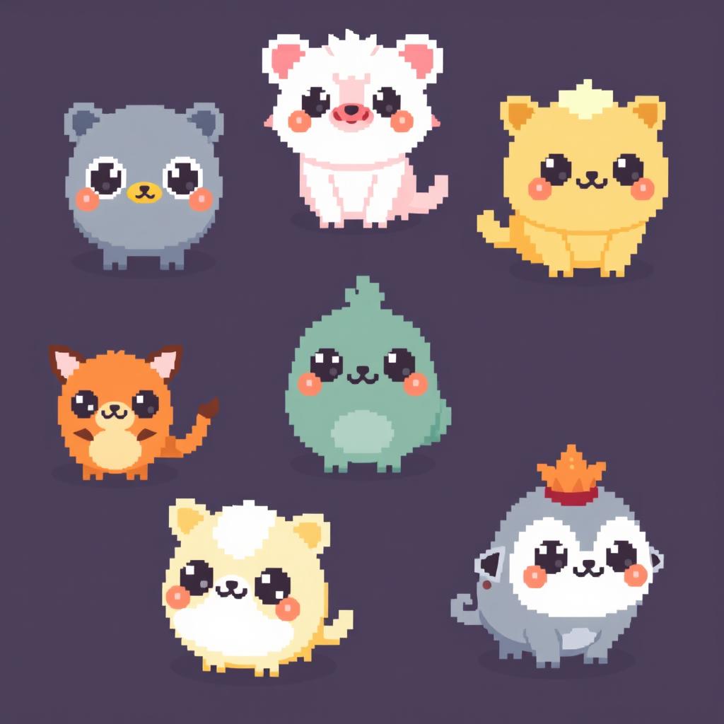 Pixelated kawaii animals featuring cute and adorable creatures with big eyes, rounded shapes, and vibrant colors in a pixel art style