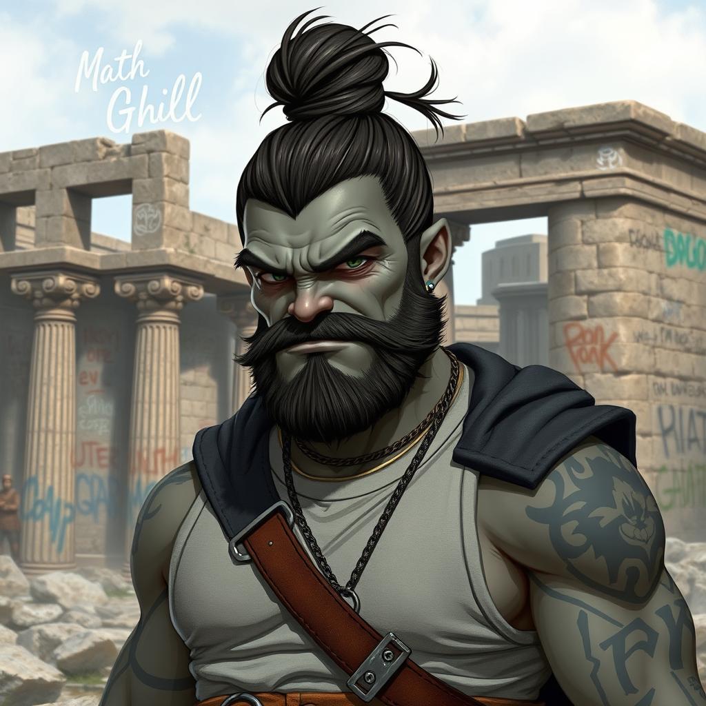 A grey-skinned Goliath paladin with a man bun, looking aloof, vain, but with a silly and chill expression