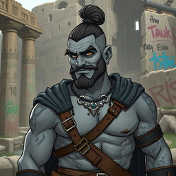 A grey-skinned Goliath paladin with a man bun, looking aloof, vain, but with a silly and chill expression