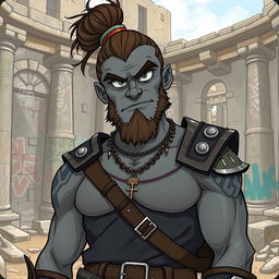 A grey-skinned Goliath paladin with a man bun, looking aloof, vain, but with a silly and chill expression