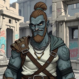 A grey-skinned Goliath paladin with a man bun, looking aloof, vain, but with a silly and chill expression