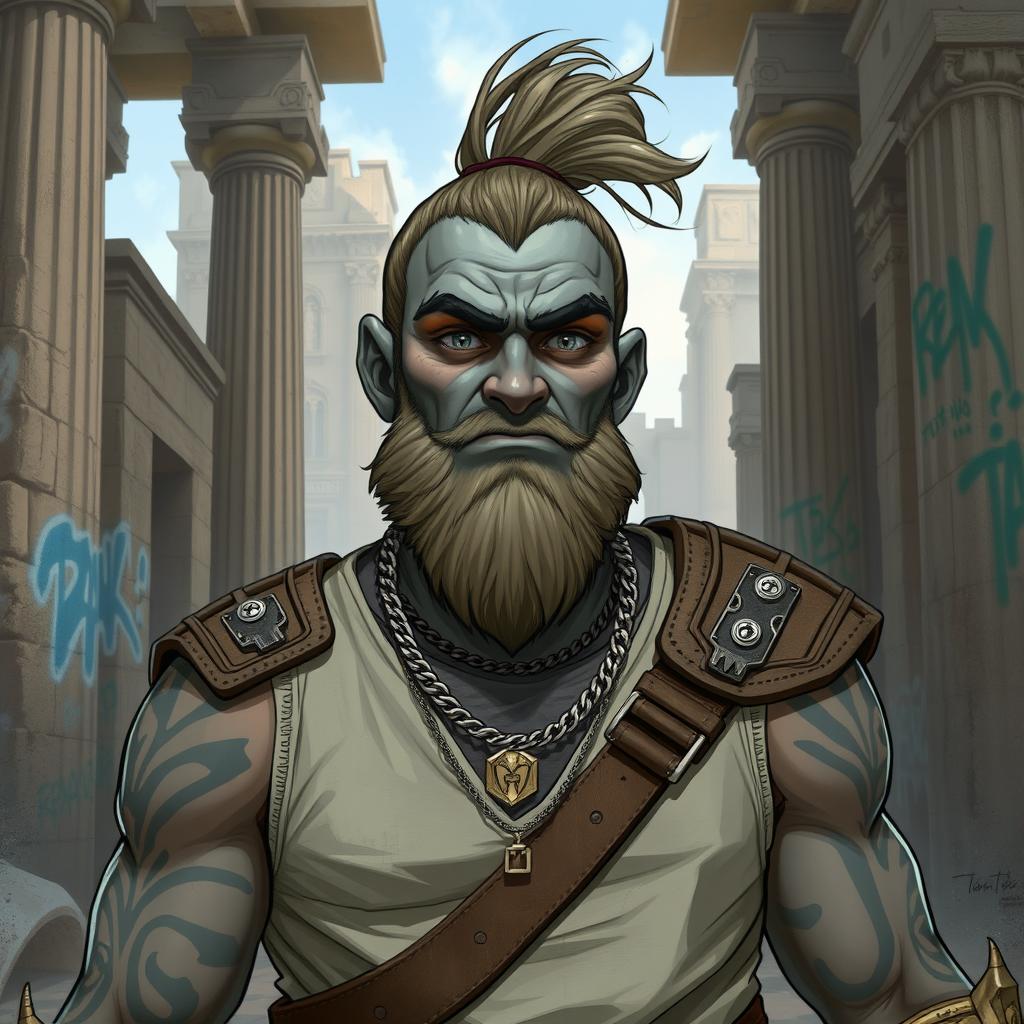 A grey-skinned Goliath paladin with a man bun, looking aloof and vain but with a silly, chilled-out expression