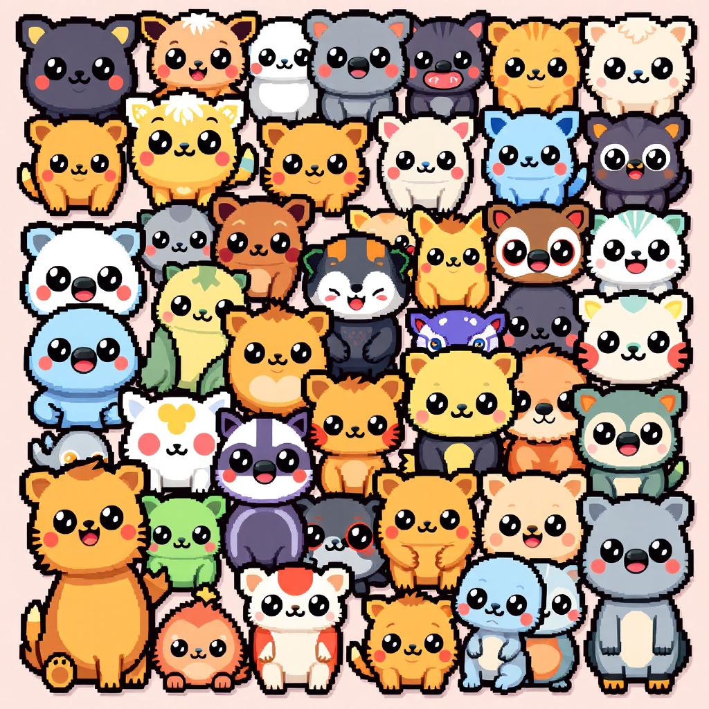 A collection of many kawaii pixelated animals featuring cute and adorable creatures with big eyes, rounded shapes, and vibrant colors in a pixel art style