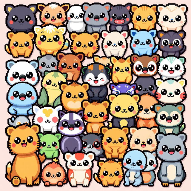 A collection of many kawaii pixelated animals featuring cute and adorable creatures with big eyes, rounded shapes, and vibrant colors in a pixel art style