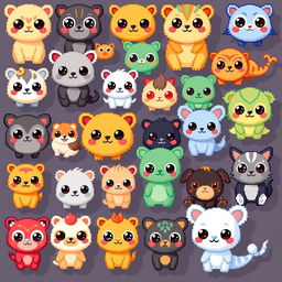 A collection of many kawaii pixelated animals featuring cute and adorable creatures with big eyes, rounded shapes, and vibrant colors in a pixel art style