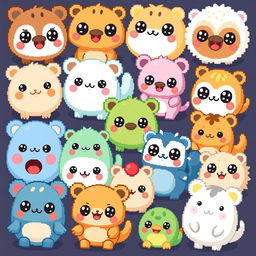 A collection of many kawaii pixelated animals featuring cute and adorable creatures with big eyes, rounded shapes, and vibrant colors in a pixel art style