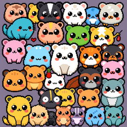 A collection of many kawaii pixelated animals featuring cute and adorable creatures with big eyes, rounded shapes, and vibrant colors in a pixel art style