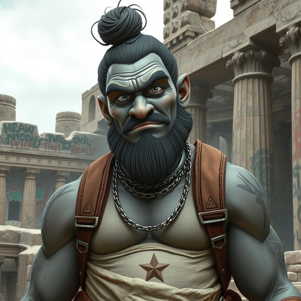 A grey-skinned Goliath with a man bun, looking aloof but with a silly and chilled-out expression