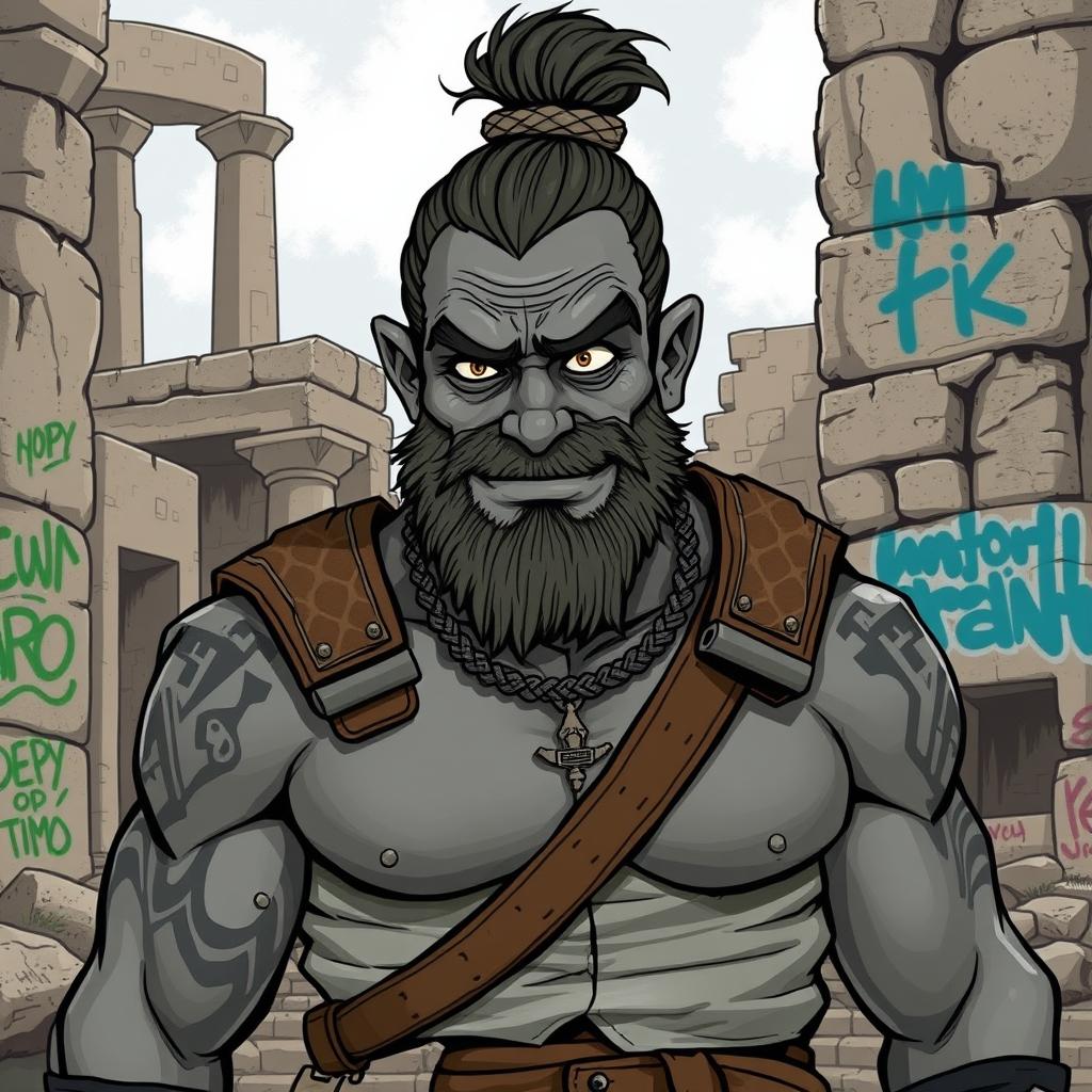 A grey-skinned Goliath with a man bun, looking aloof but with a silly and chilled-out expression