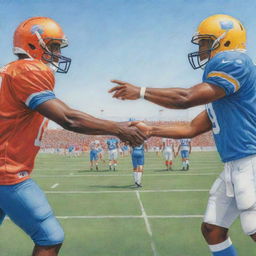 Football players showing sportsmanship, smiling, giving handshakes, and friendly taps on each other's backs, all depicted as a vibrant color pencil drawing on a detailed football field under a clear sky.