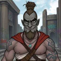 A grey-skinned Goliath with a man bun, looking aloof but with a silly and chilled-out expression