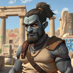 A grey-skinned Goliath with a man bun, looking aloof but with a silly and chilled-out expression