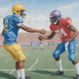 Football players showing sportsmanship, smiling, giving handshakes, and friendly taps on each other's backs, all depicted as a vibrant color pencil drawing on a detailed football field under a clear sky.