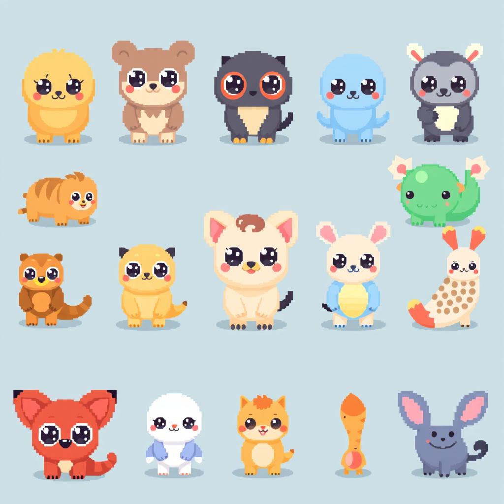 Pixelated kawaii animals featuring cute and adorable creatures with big eyes, rounded shapes, and vibrant colors in a pixel art style