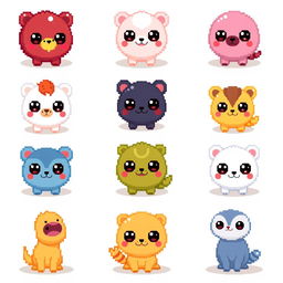 Pixelated kawaii animals featuring cute and adorable creatures with big eyes, rounded shapes, and vibrant colors in a pixel art style