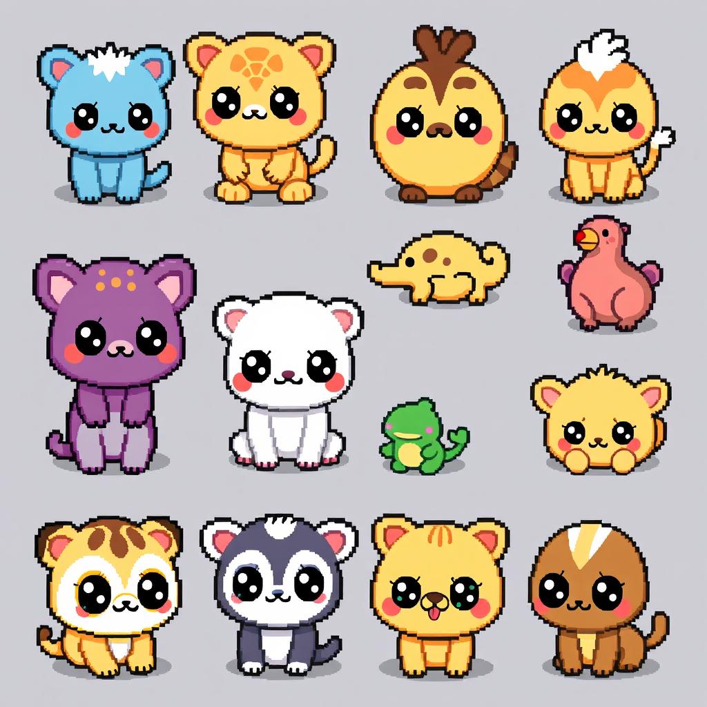 Pixelated kawaii animals featuring cute and adorable creatures with big eyes, rounded shapes, and vibrant colors in a pixel art style