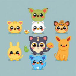 Pixelated kawaii animals featuring cute and adorable creatures with big eyes, rounded shapes, and vibrant colors in a pixel art style