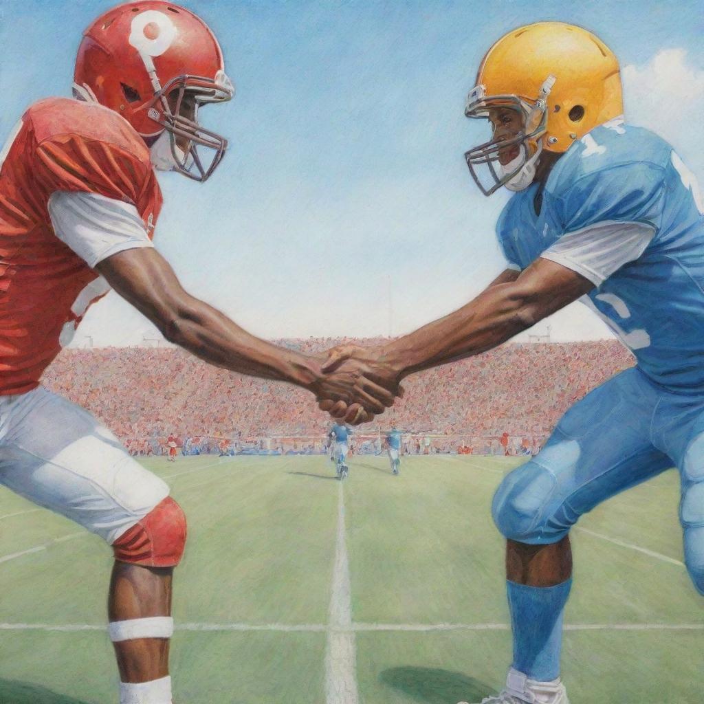 Football players showing sportsmanship, smiling, giving handshakes, and friendly taps on each other's backs, all depicted as a vibrant color pencil drawing on a detailed football field under a clear sky.