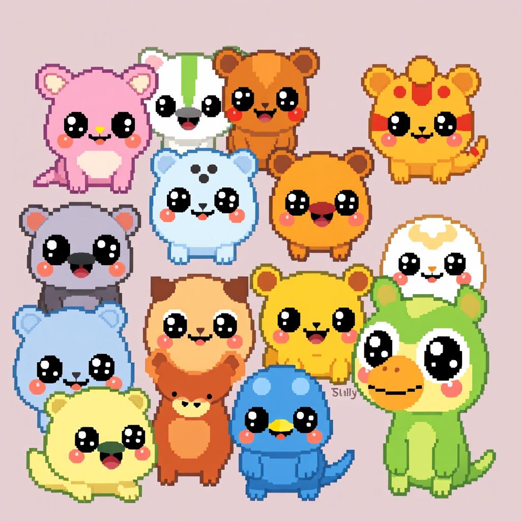 Pixelated kawaii animals featuring cute and adorable creatures with big eyes, rounded shapes, and vibrant colors in a pixel art style