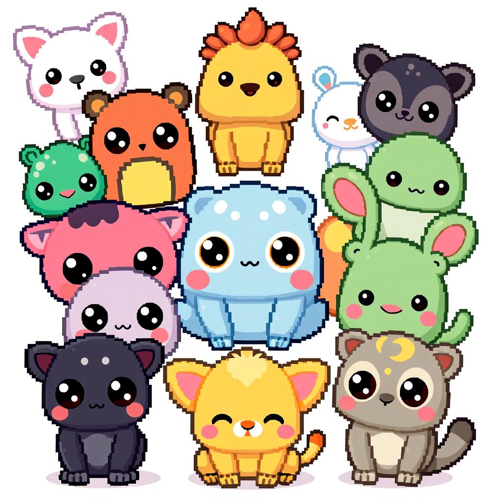 Pixelated kawaii animals featuring cute and adorable creatures with big eyes, rounded shapes, and vibrant colors in a pixel art style