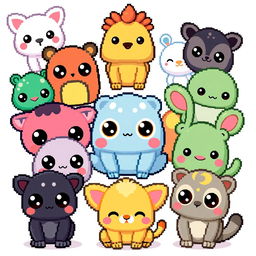 Pixelated kawaii animals featuring cute and adorable creatures with big eyes, rounded shapes, and vibrant colors in a pixel art style